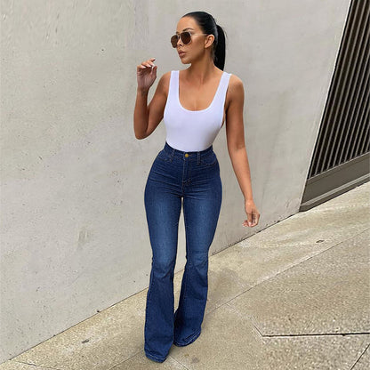 Pantalon en denim stretch taille haute, coupe fer à cheval, micro-effiloché