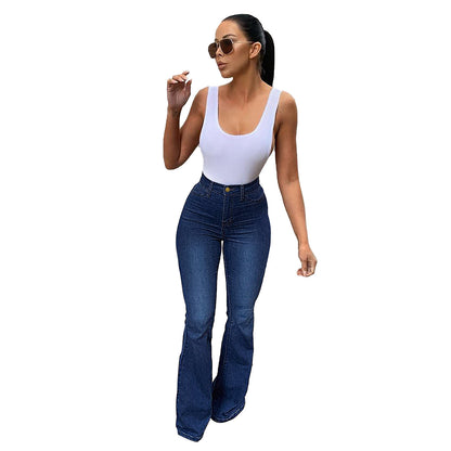 Pantalon en denim stretch taille haute, coupe fer à cheval, micro-effiloché