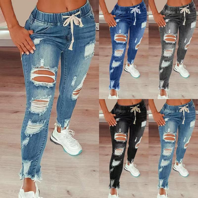 Jean taille haute déchiré à cordon élastique pour femme