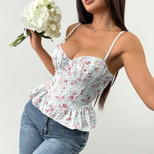 Haut asymétrique à volants imprimé floral
