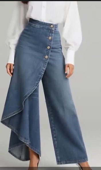 Pantalon droit unique à gros boutons à volants, style jean imitation femme