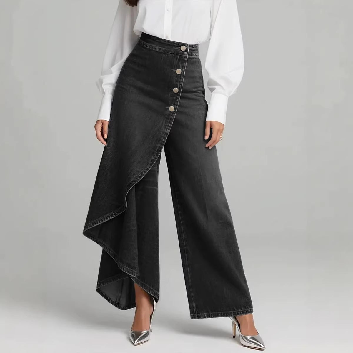 Pantalon droit unique à gros boutons à volants, style jean imitation femme