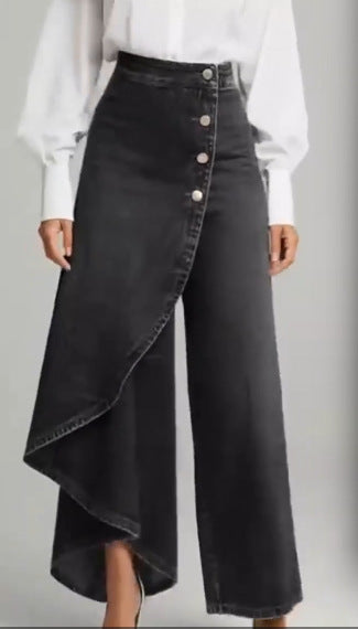 Pantalon droit unique à gros boutons à volants, style jean imitation femme