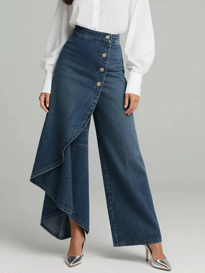 Pantalon droit unique à gros boutons à volants, style jean imitation femme