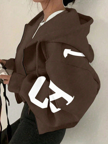 Long-sleeve Zip-up Casual Sweatshirt With A Printed Design