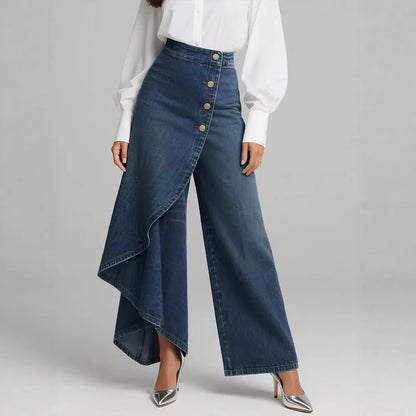 Pantalon droit unique à gros boutons à volants, style jean imitation femme