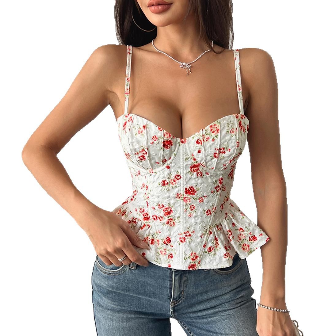 Haut asymétrique à volants imprimé floral