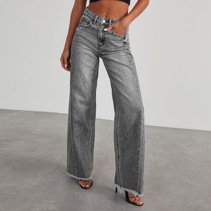 Jean taille haute tendance avec poches, coupe slim confortable, pantalon droit à jambes larges,