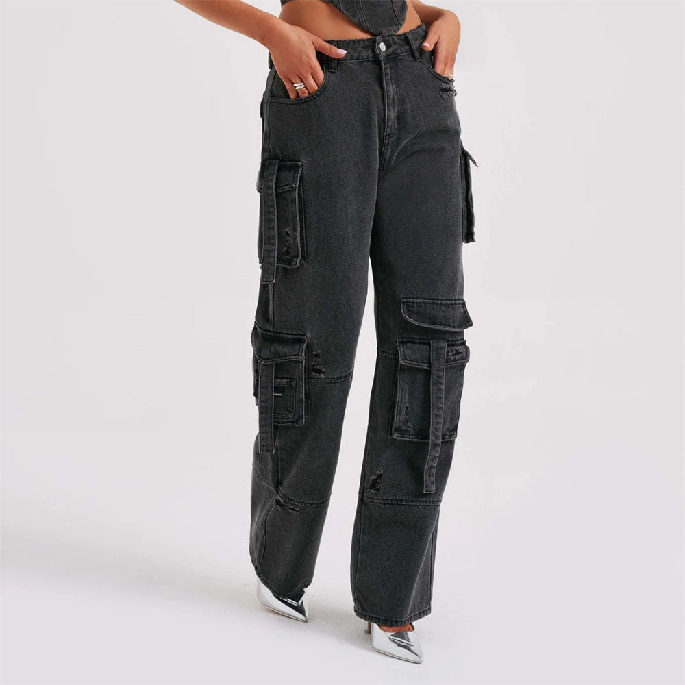 Ensemble pour femme : haut tube 3D taille basse et pantalon en jean à poches cousues.