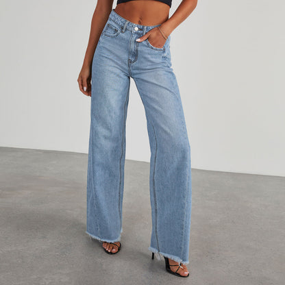Jean taille haute tendance avec poches, coupe slim confortable, pantalon droit à jambes larges,