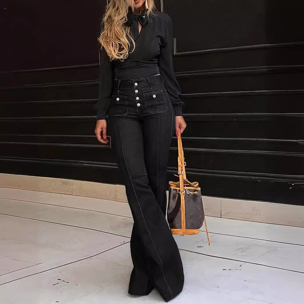 Jeans en patchwork pour femmes Slim Fit pantalon évasé évasé