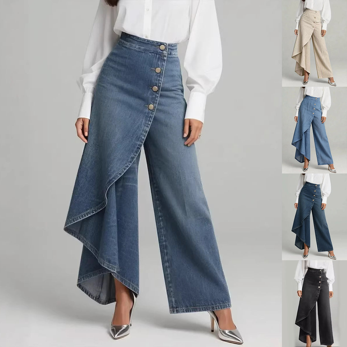 Pantalon droit unique à gros boutons à volants, style jean imitation femme