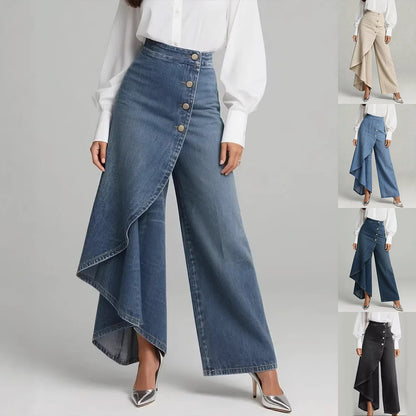 Pantalon droit unique à gros boutons à volants, style jean imitation femme