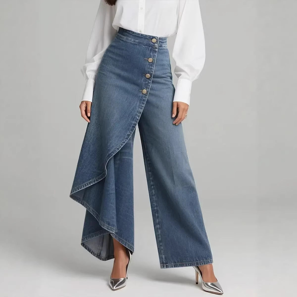 Pantalon droit unique à gros boutons à volants, style jean imitation femme