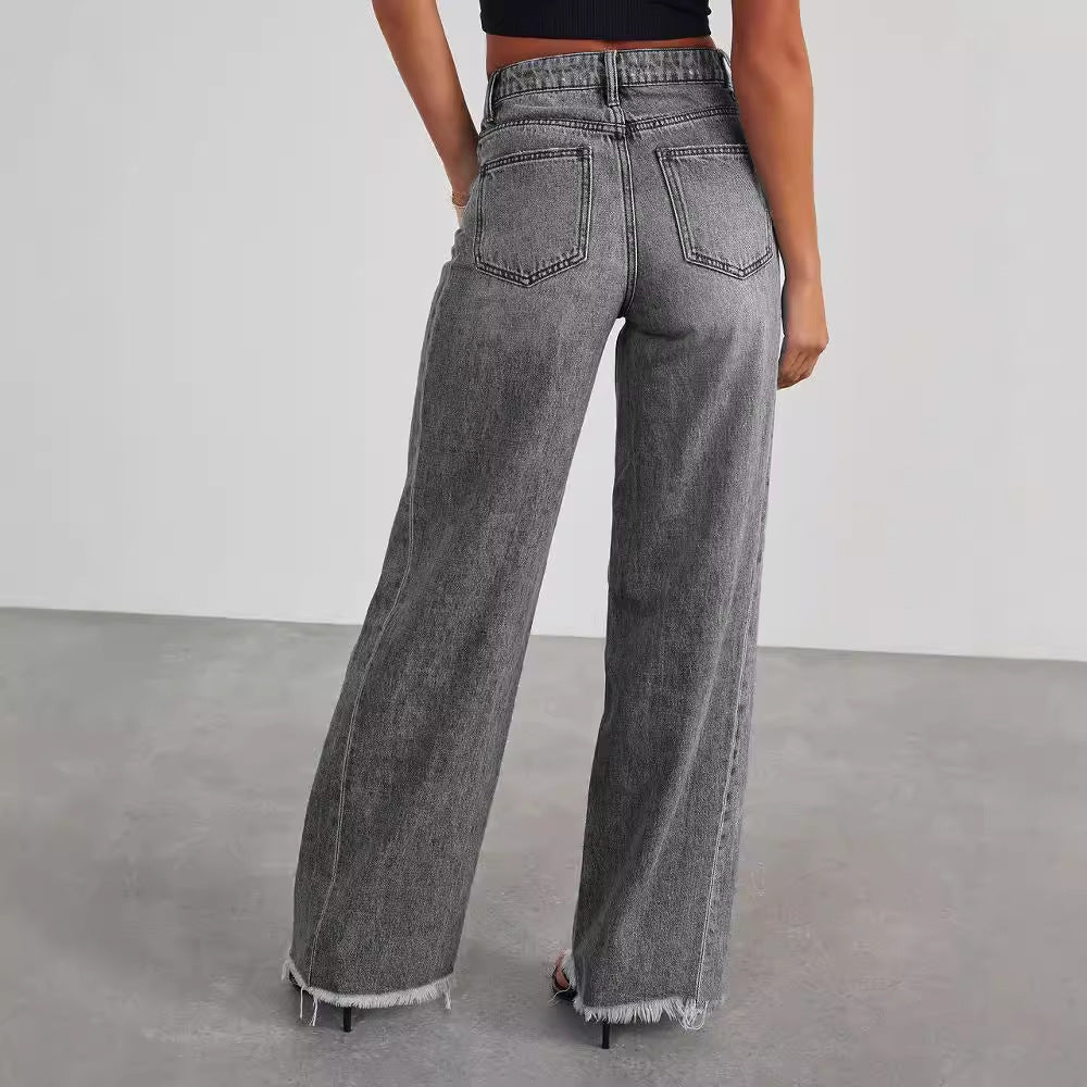 Jean taille haute tendance avec poches, coupe slim confortable, pantalon droit à jambes larges,